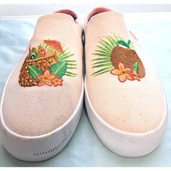 Keds Women's Softerra Size 9 Beige Slip Ons Embroidered Tropical Cocktails - Picture 2 of 9